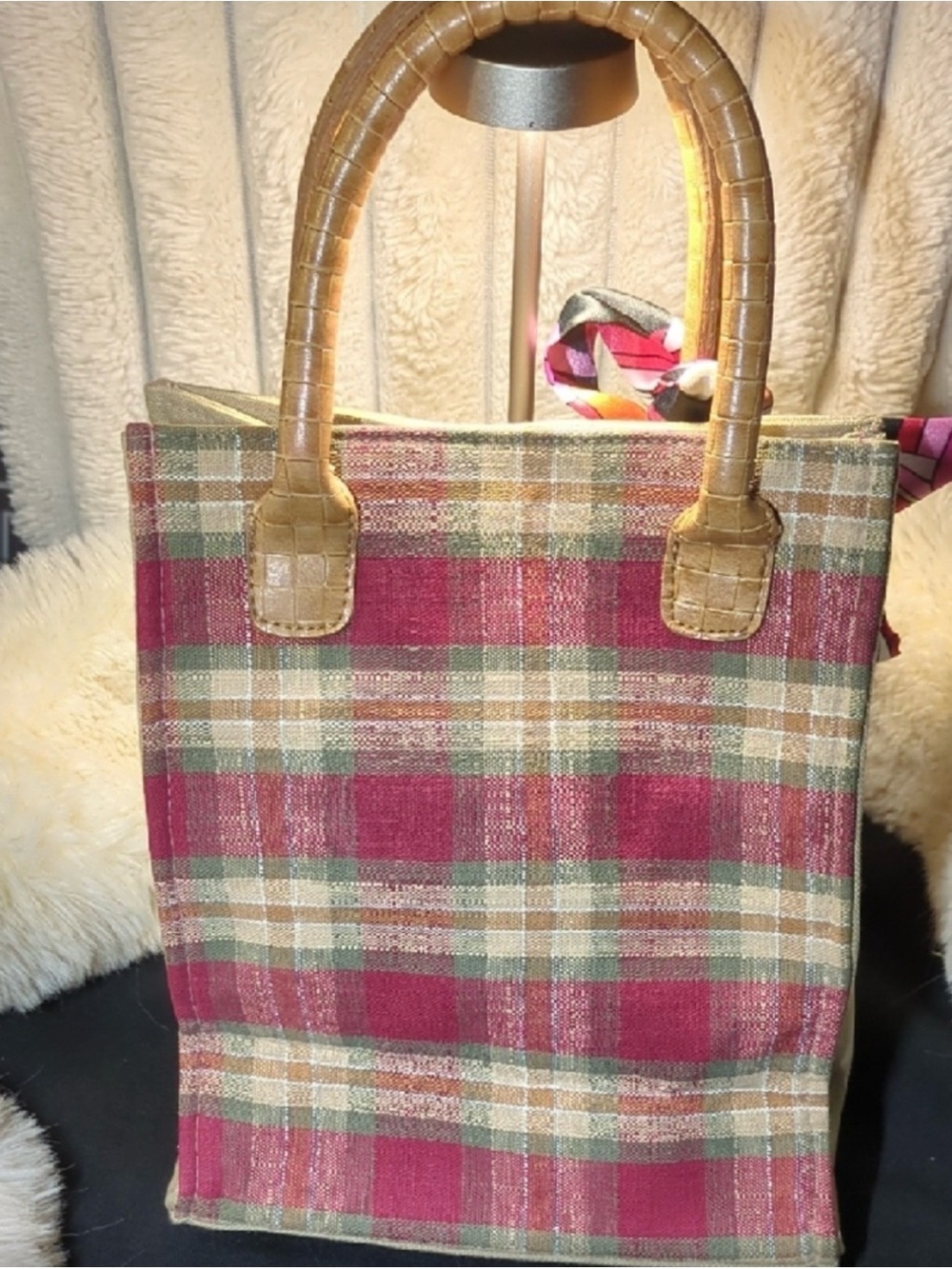 Longaberger Beige Tote with Burgundy Plaid and Multicolor Scarf - Picture 2 of 3